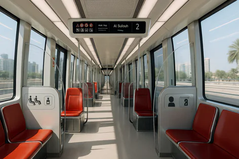 View inside an empty modern train carriage with rows of bright red seats along the windows. The digital display shows Al Sufouh, route 2. Sunlight streams onto the clean floor.