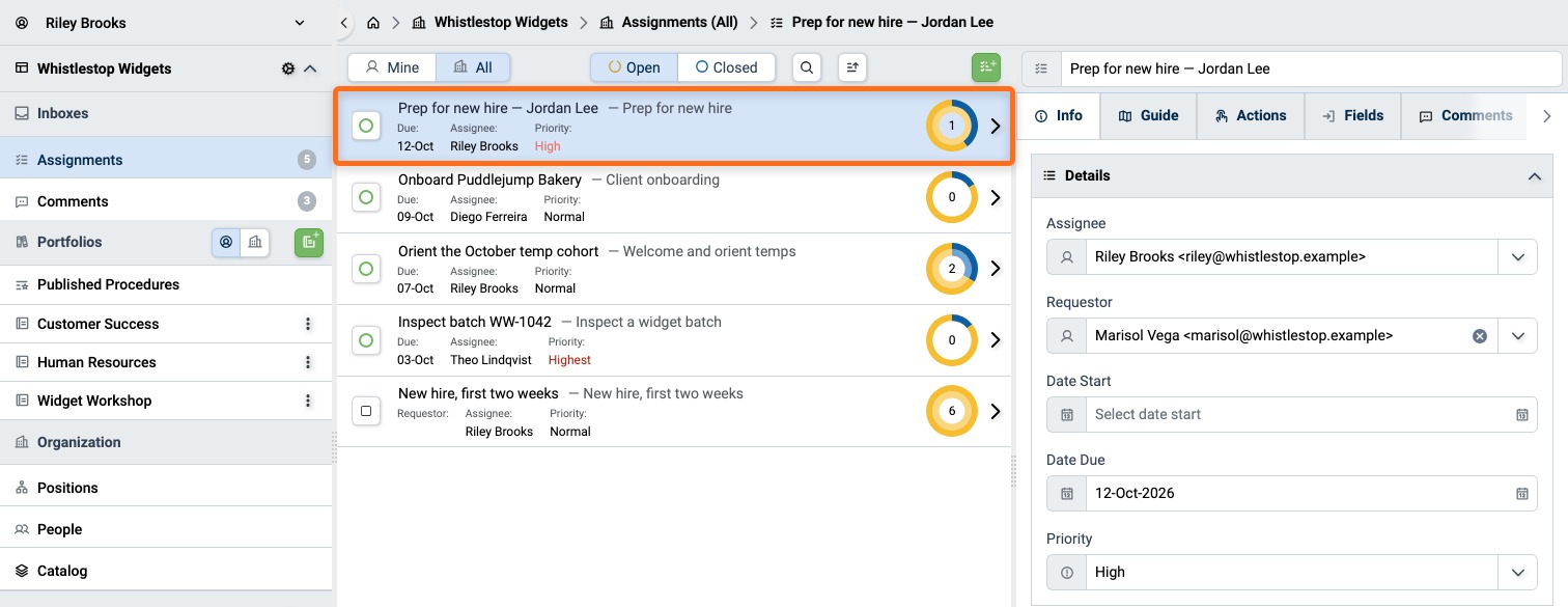 Assignment Info tab with the name at the top and the Descriptors panel