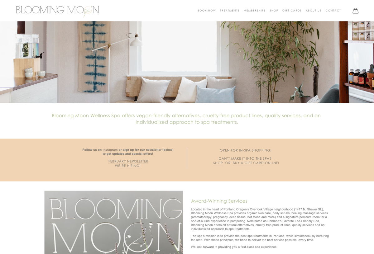Screenshot of Blooming Moon Spa, from the spa websites collection.