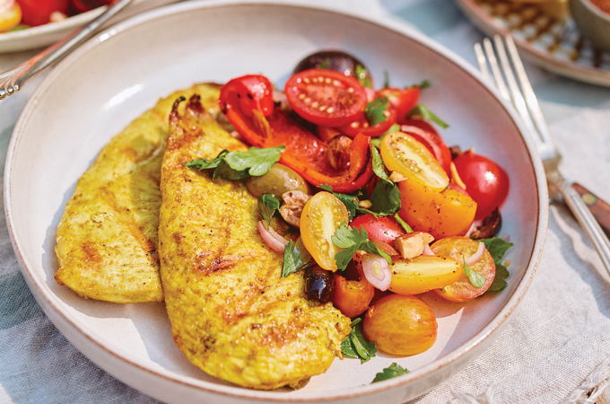 Grilled Chicken with Tomato, Grilled Pepper and Olive Salad