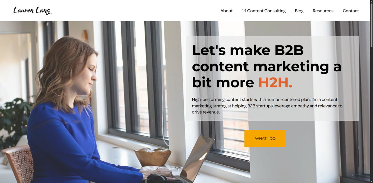Screenshot of Lauren Lang, from the content marketing portfolios collection.