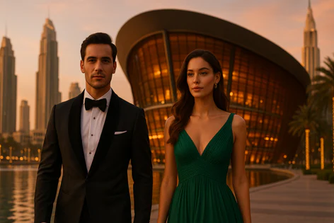 A formally dressed couple, the man in a black tuxedo and the woman in a green evening dress, walking against a backdrop of modern skyscrapers and a large architectural building at sunset.