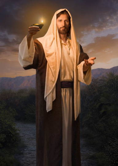 Jesus holding out a lamp and extending a hand.