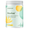 A jar of Brightcore's Revive, high quality, collagen powder with hyaluronic acid; white container with light green and yellow accents