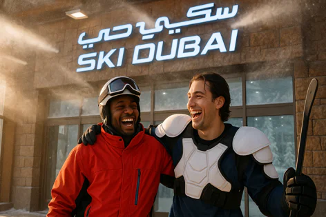 Two diverse friends laughing joyfully outside the Ski Dubai entrance, dressed in ski and padded sports attire with light snow falling.