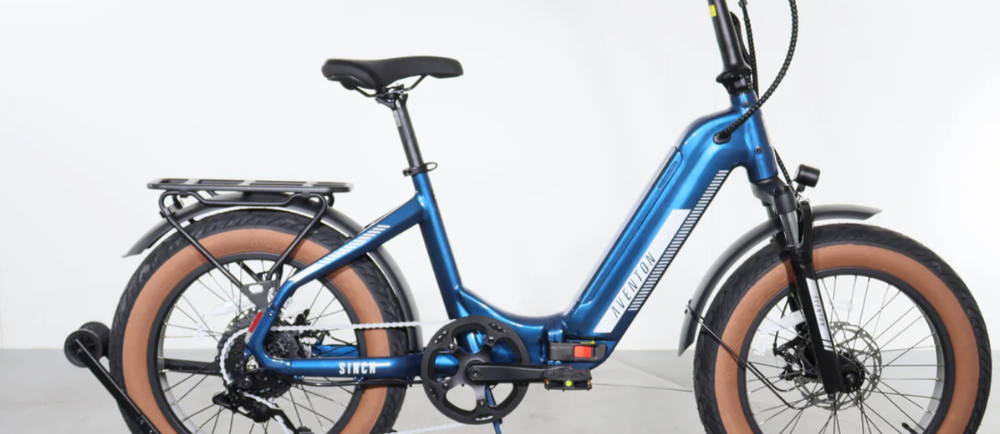a blue Aventon Sinch.2 electric folding bike