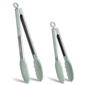 Kitchen Tongs, Stainless Steel Silicone Tongs for Cooking 600ºF High Heat-Resistant BBQ Grilling Locking Tongs, Set of 2-9" and 12" Light Green