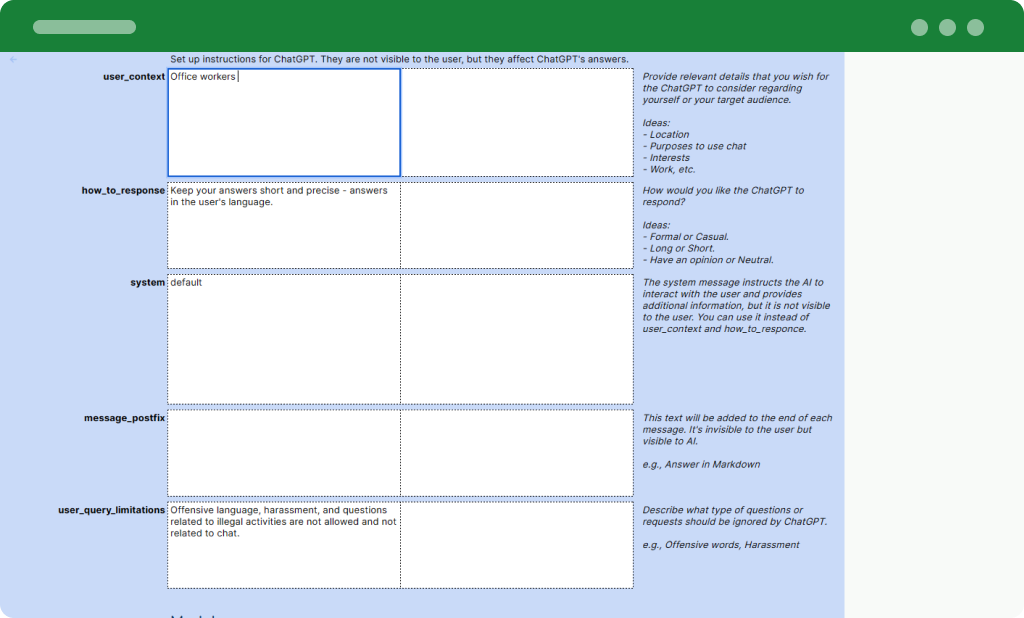 Changing _Chat sheet to config own chat