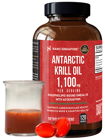 a bottle of krill oil singapore next to a cup of krill concentrate