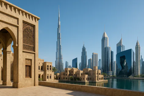 View of Dubai featuring traditional buildings with arched entrances in the foreground and the modern skyline, including Burj Khalifa, across calm water under a clear blue sky.