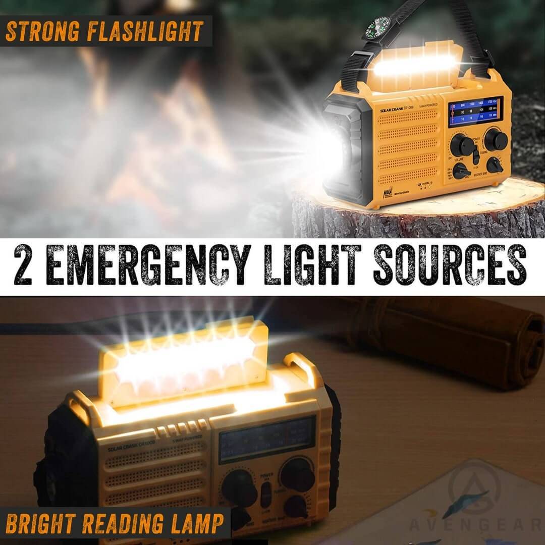 solar crank radio with flashlight and reading lamp