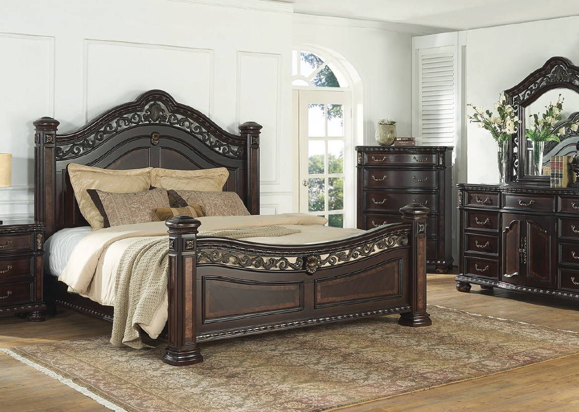 Masate bedroom set in brown color with an upholstered headboard and matching additions