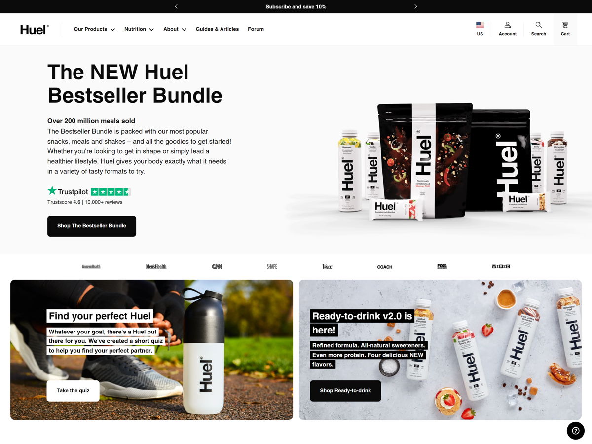 Screenshot of Huel, from the food websites collection.