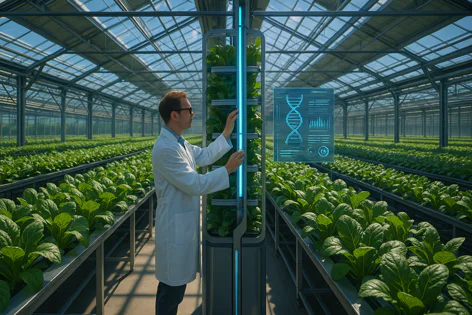 Expert in white coat examines a vertical farm tower in a large greenhouse full of leafy green plants. A holographic screen shows genetic data.