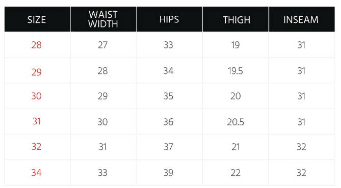 men's bottoms size chart