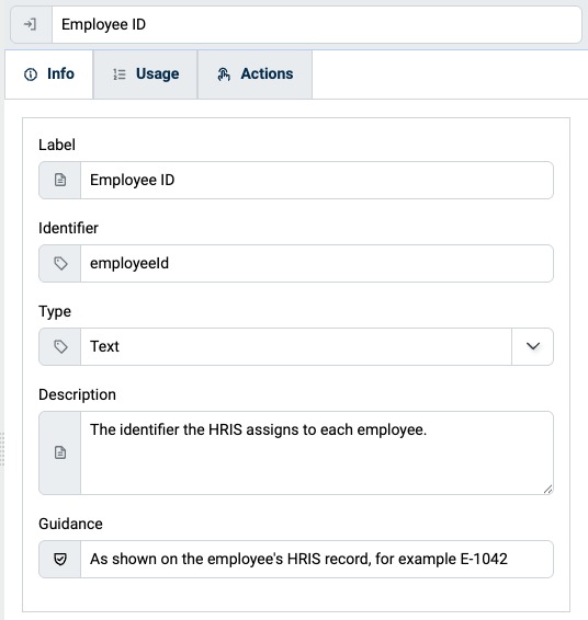 Info tab of a Catalog Field with Label, Identifier, Type, Description, and Guidance