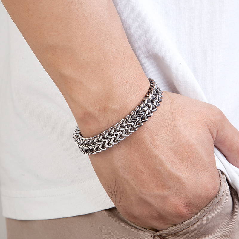 Fashionable Foxtail Bracelet showing on a man's wrist in 18k gold-plating, also available in silver