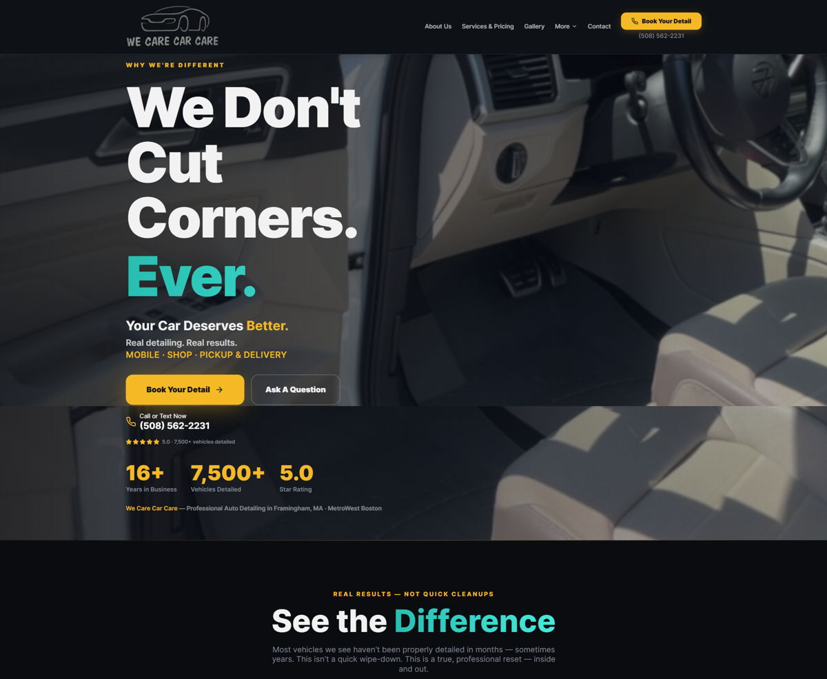 Screenshot of We Care Car Care, from the lovable websites collection.