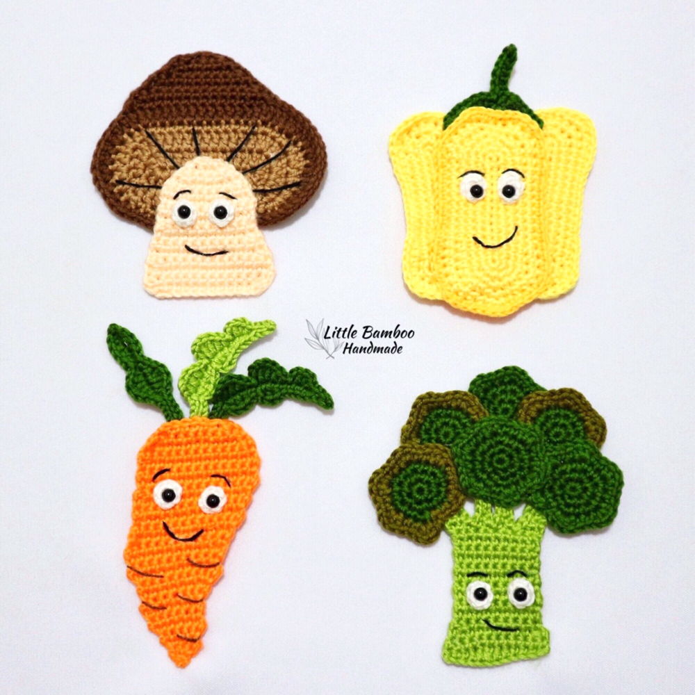 Vegetables Applique Set -Mushroom, Capsicum, Carrot, Broccoli-Crochet Pattern