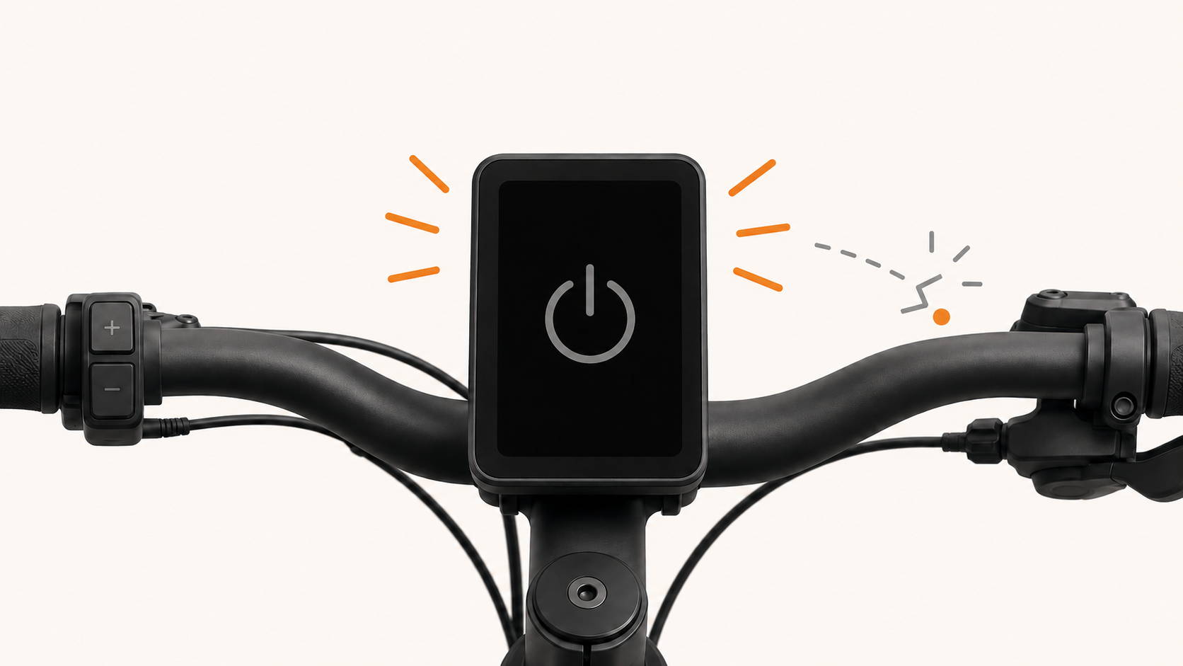 Elektrische fiets met uitgevallen display op het stuur, zwart scherm en onderbroken signaal als symbool voor e-bike displayproblemen.