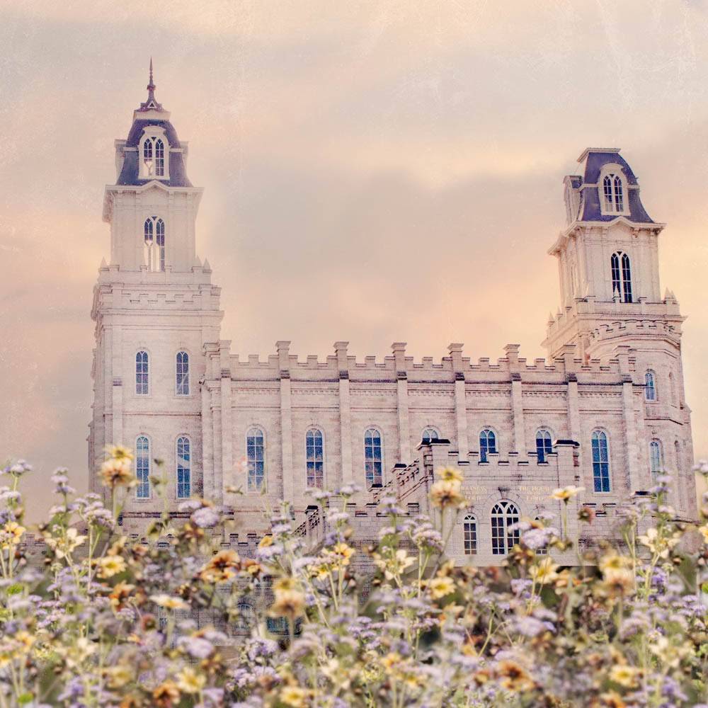 LDS art photo of the LDS Manti Temple from the side. Wildflowers stand in the forefront.