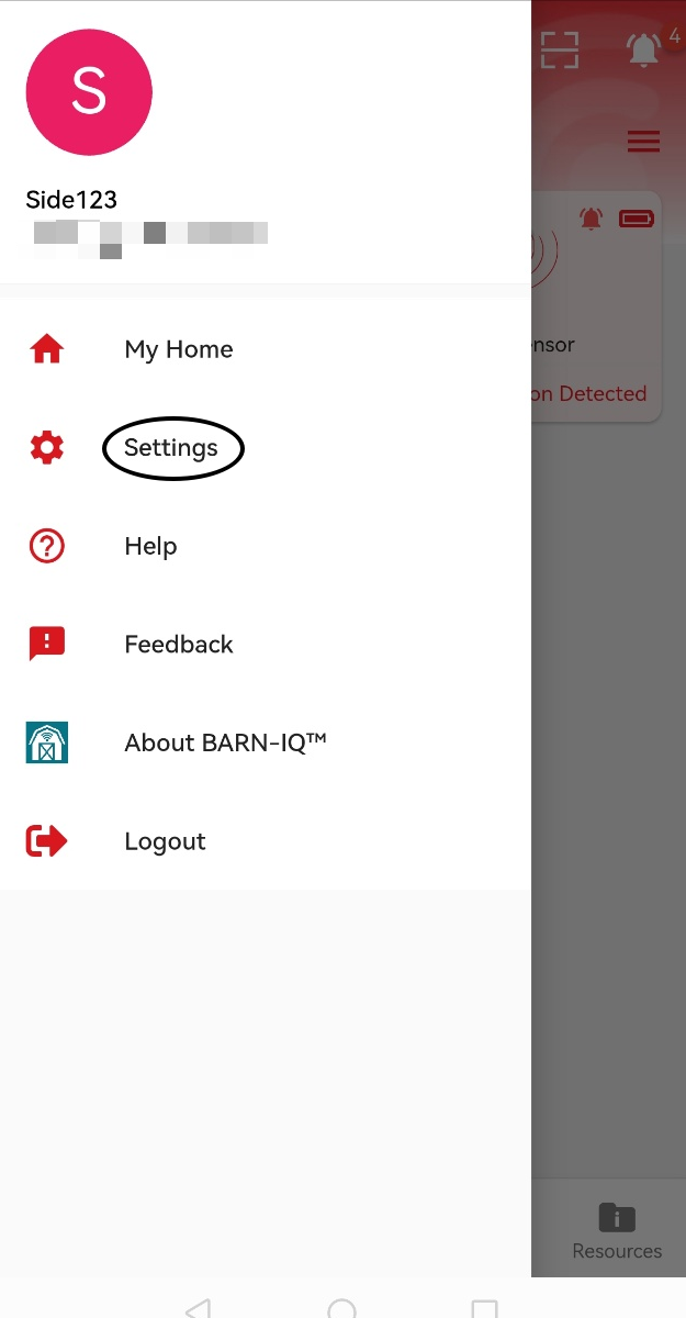 Side navigation menu opened, showing user profile and menu options. Tap Settings to open the settings page.
