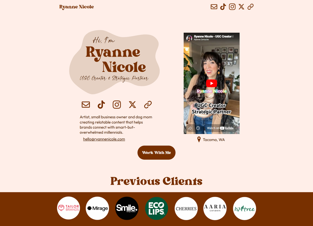 Screenshot of Ryanne Nicole, from the ugc portfolio examples collection.