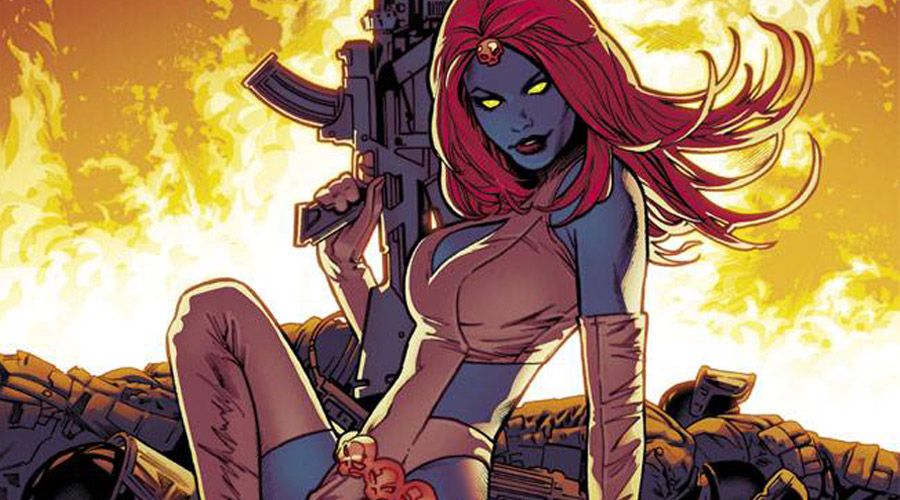 Illustration from the comics. Mystique is posing with a large rifle on her side and a large fire in the background.