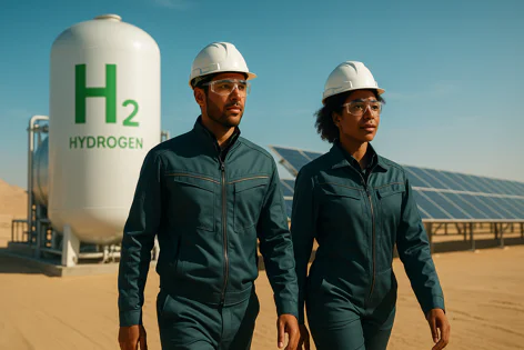 Two engineers wearing hard hats and safety glasses walk past a large hydrogen storage tank and solar panels, depicting clean energy production.