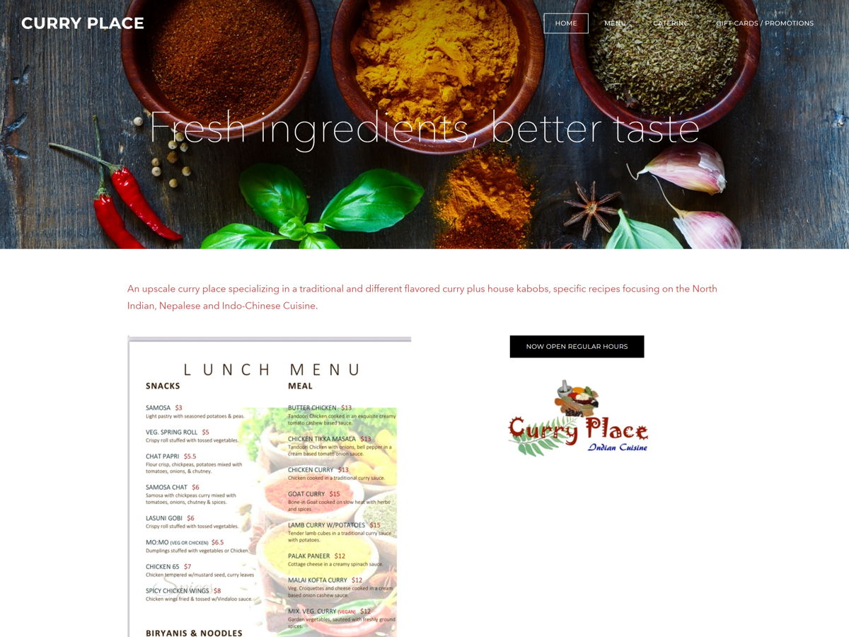 Screenshot of Curry Place, from the food websites collection.