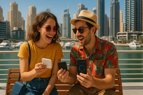 Happy couple sits on a bench holding a white device and smartphones, with modern skyscrapers and a marina in the background.