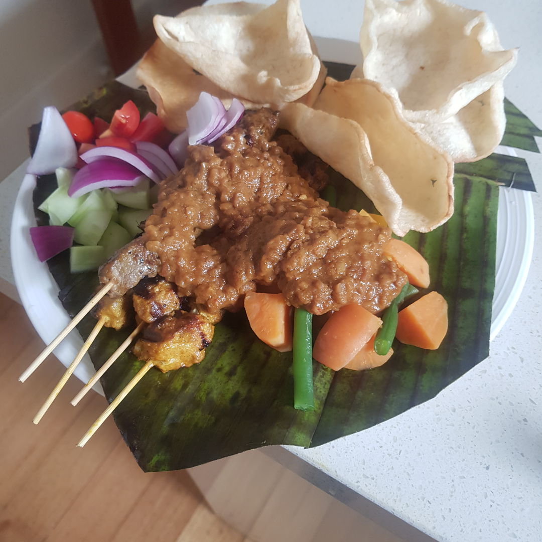 Beef and Chicken Sate with Gado Gado and Kerupuk Udang.