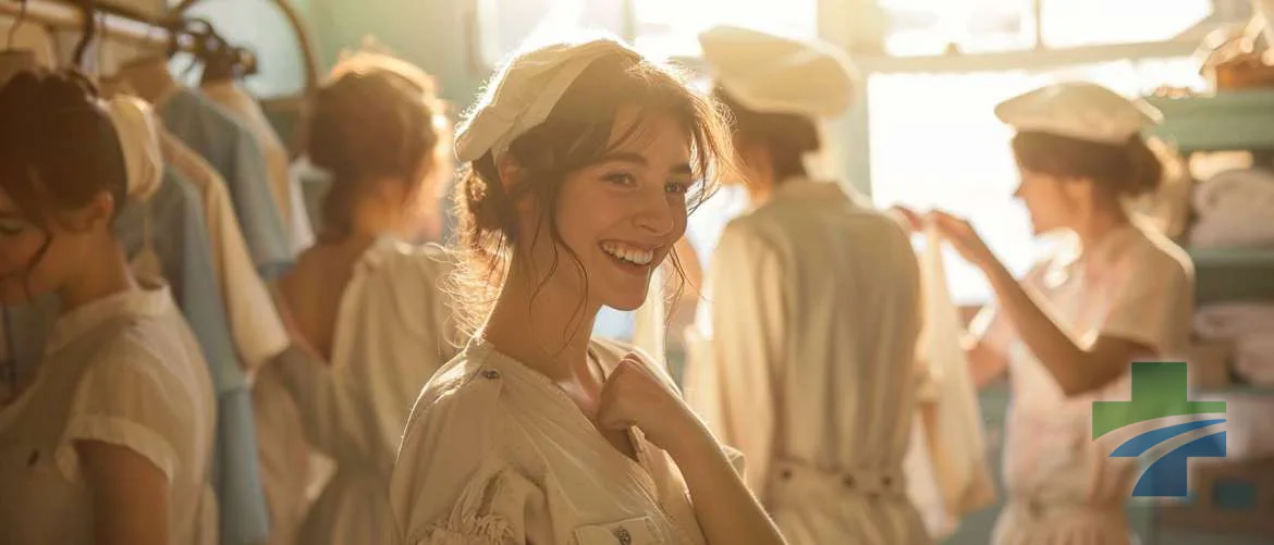 Modern nurses trying on vintage uniforms in a sunlit room, sharing laughs