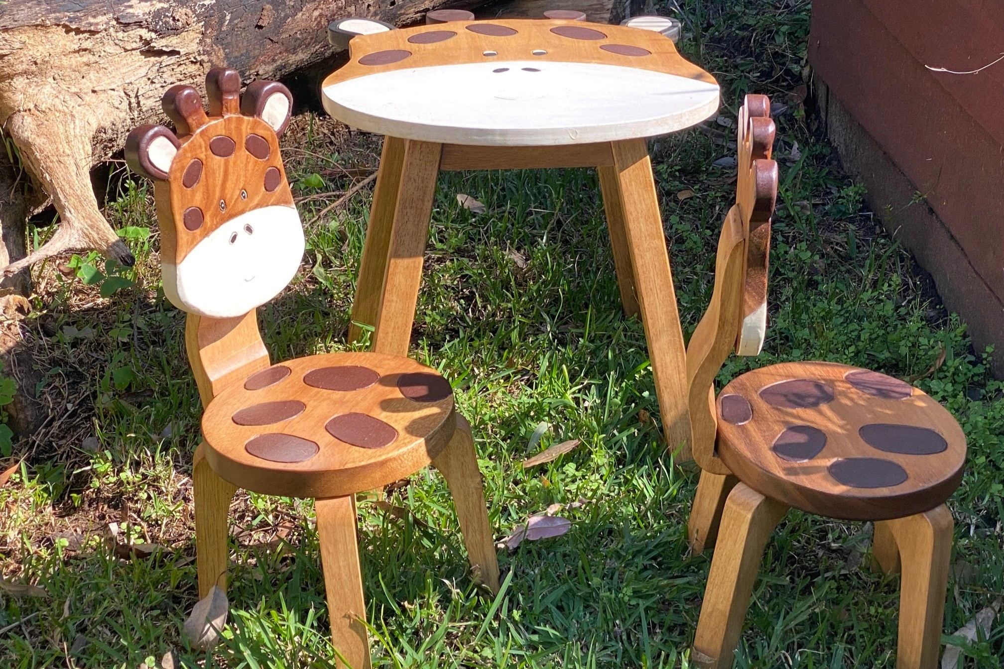 Kids Wooden Table + 2 Chairs Set Giraffe Design Carved Timber Children Furniture - Image 6