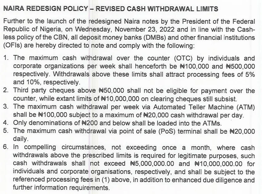 The Central Bank of Nigeria issued a circular on 6 December