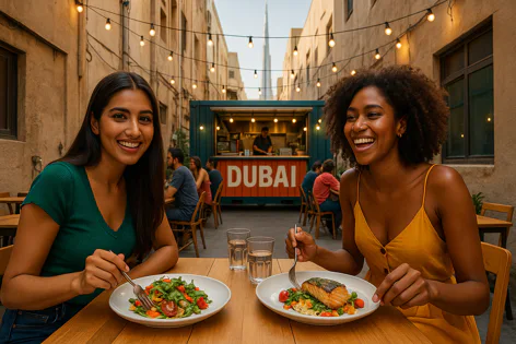 Two happy women enjoying dinner outdoors in Dubai with a food truck, string lights, and the distant Burj Khalifa visible behind them.