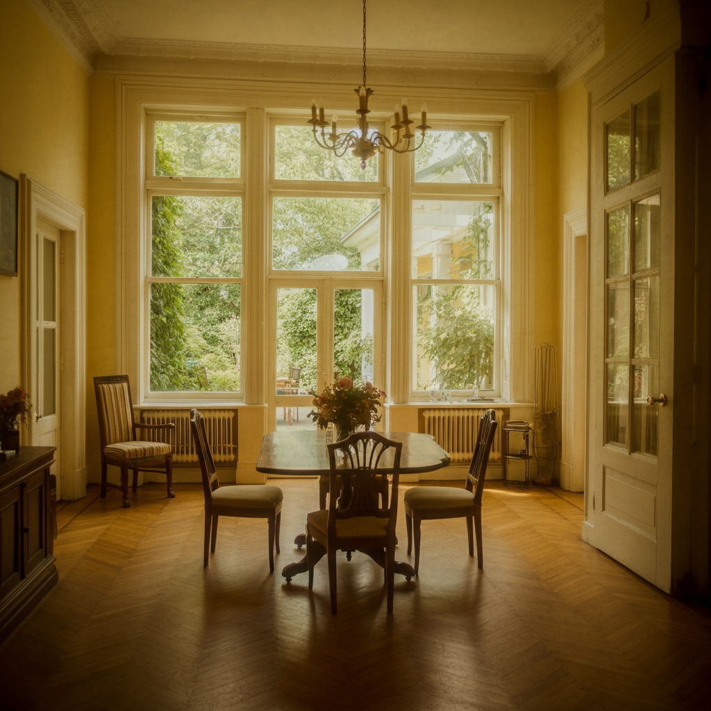 A photographic style image of An inviting great room featuring original hardwood floors, crown molding, and large windows overlooking a private garden sanctuary. high focus, sharp, lots of bright light, extra bright, highly detailed, high quality, dslr, film grain, fujifilm XT3, RAW photo, RAW candid cinema, color graded porta 400, depth of field, hyper realistic, natural-looking, expressive, textured skin, texture, 8k, photorealistic