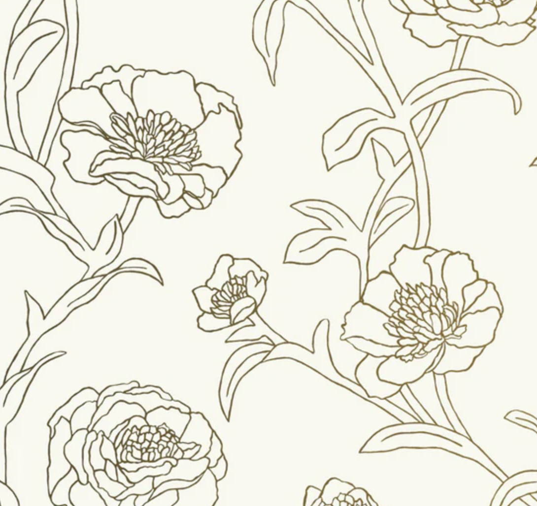Gold drawn peonie flowers on cream background. Wallpaper options to use for drawer liners