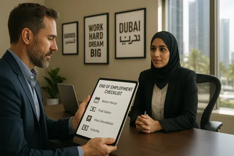 A man shows a woman in a hijab a tablet displaying an 'End of Employment Checklist' in an office with a Dubai skyline view. This appears to be a human resources meeting.