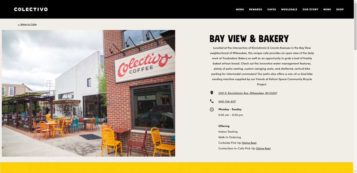 Screenshot of Colectivo Coffee, from the cafe & coffee shop websites collection.