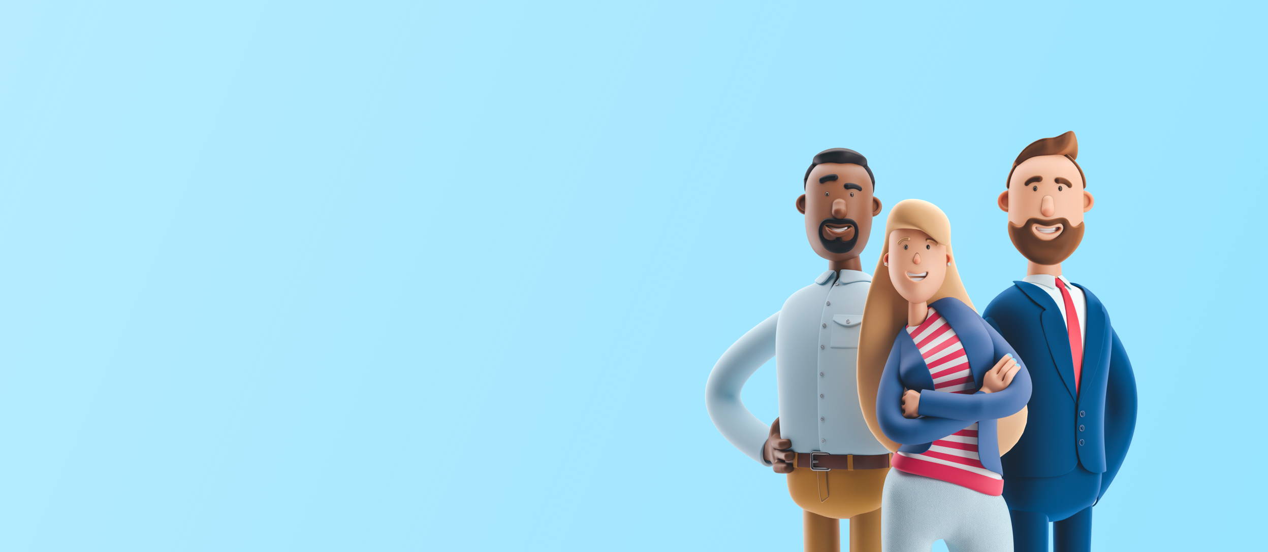 Three 3D cartoon employees smiling for Confetti's Virtual Family Feud Online Game with Teams