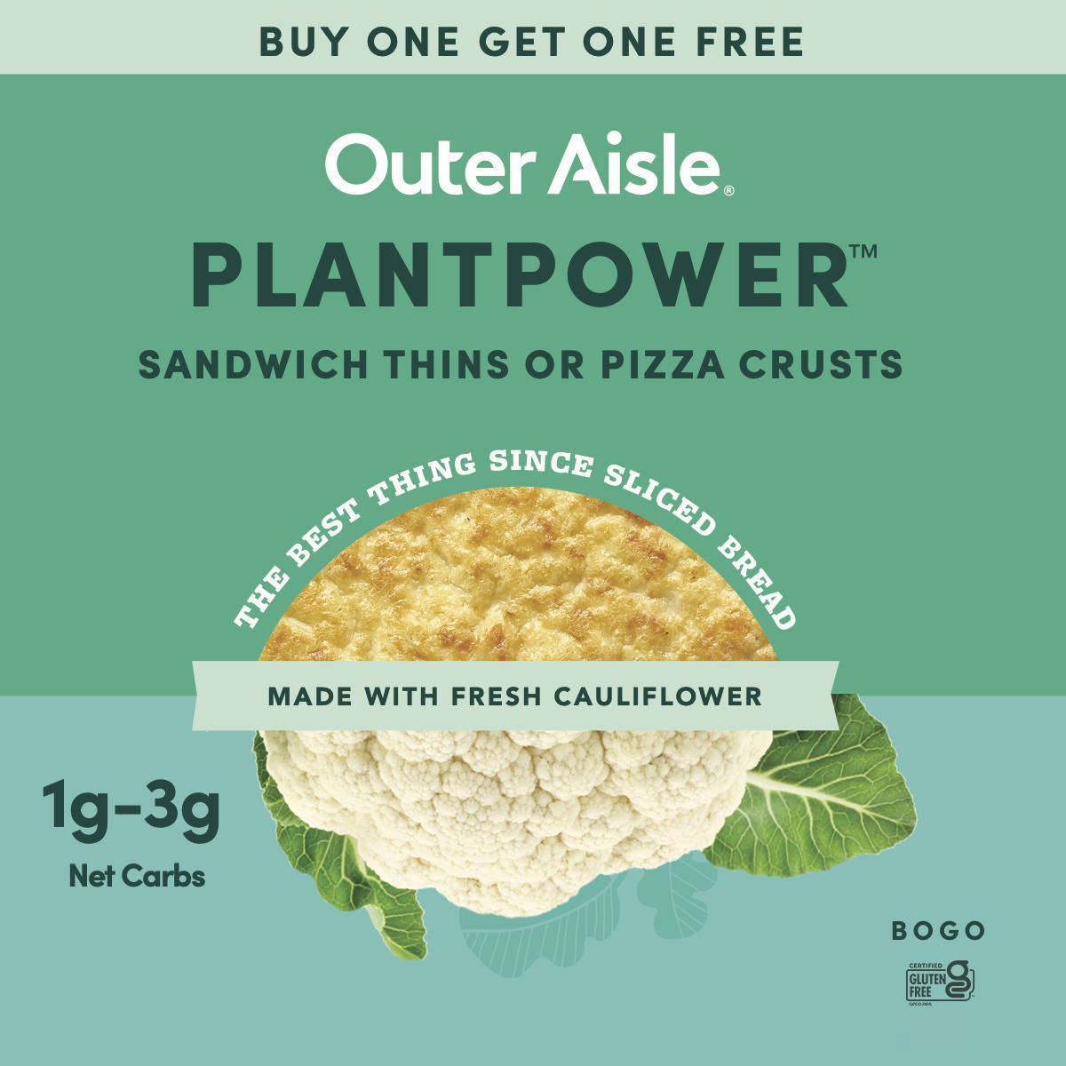 buy one outer aisle item, get one free banner with pizza crusts and sandwich thins