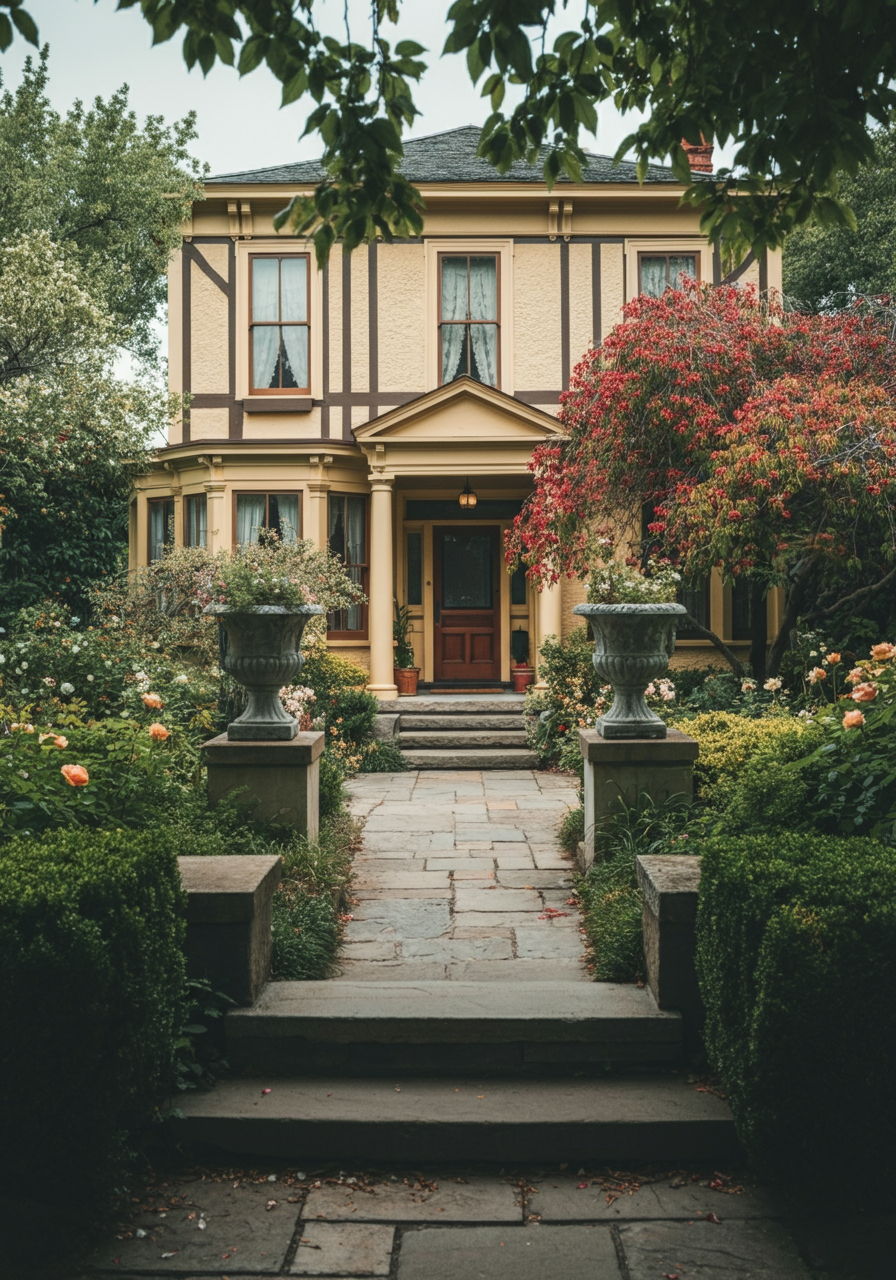 A photographic style image of A tranquil garden setting of a historic Lafayette home, featuring mature trees and seasonal blooms that demonstrate the property's established character. high focus, sharp, lots of bright light, extra bright, highly detailed, high quality, dslr, film grain, fujifilm XT3, RAW photo, RAW candid cinema, color graded porta 400, depth of field, hyper realistic, natural-looking, expressive, textured skin, texture, 8k, photorealistic