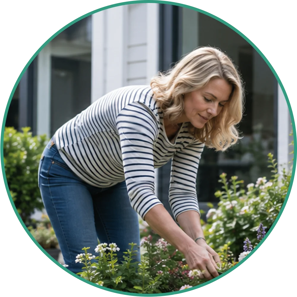 Woman gardening outdoors to show how TENS relief can support everyday activities.