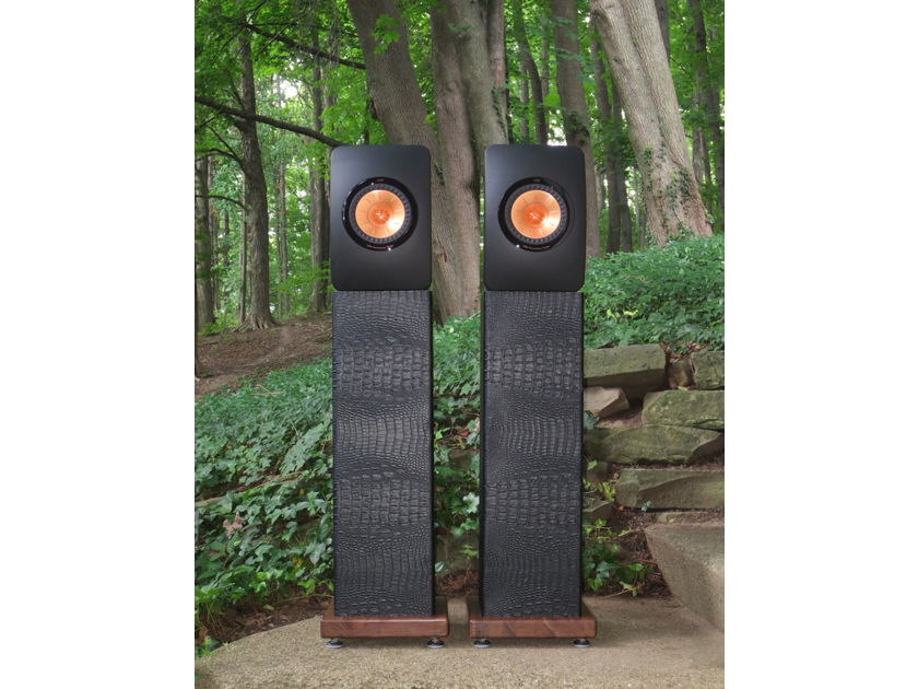 KEF LS50 MONITORS & HYPEX NCORE MOUNTING PLATES BUILT ONTO THE BACK OF BLACK ALIGATOR STANDS