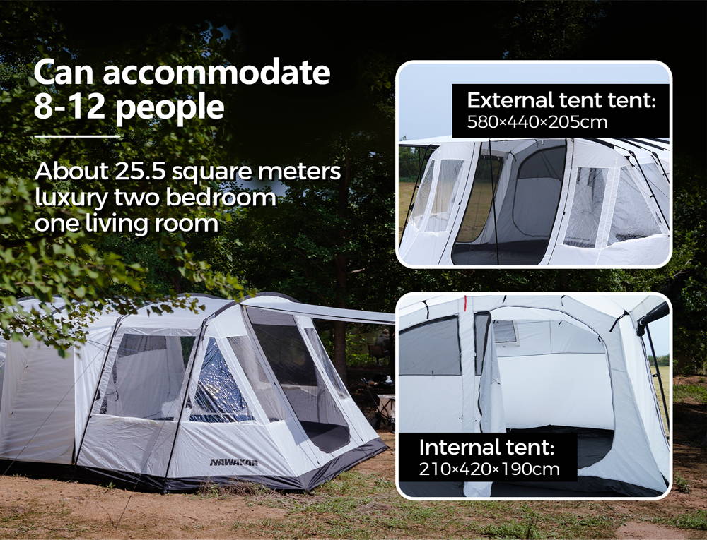 This camping tent can accommodate 8-12 people with 2 bedroom and 1 living room inside