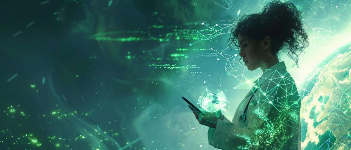 Illustration of a travel nurse symbolizing the merge of healthcare and technology for sustainability