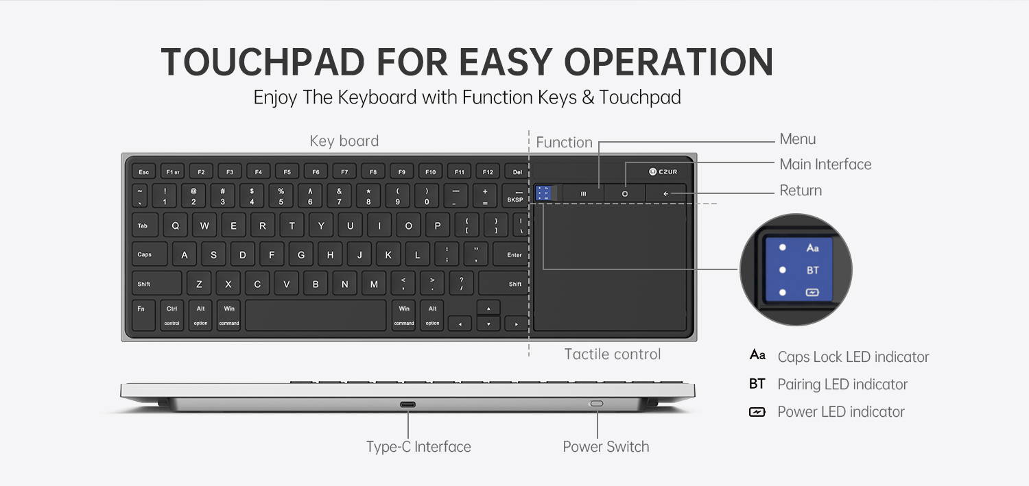 CZUR Wireless Bluetooth Touchpad Keyboard - Ultra Slim, Rechargeable, –  CZUR TECH