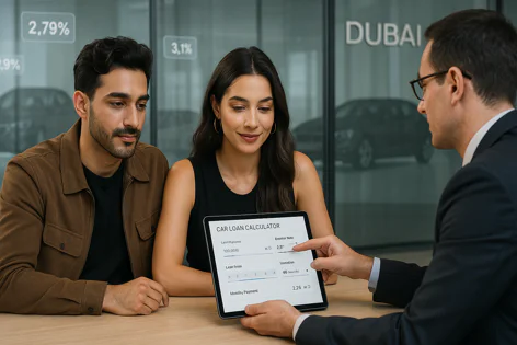 Couple reviewing car loan options on a tablet with a sales advisor in a Dubai dealership.