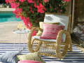 hibiscus plants with colorful outdoor pillows